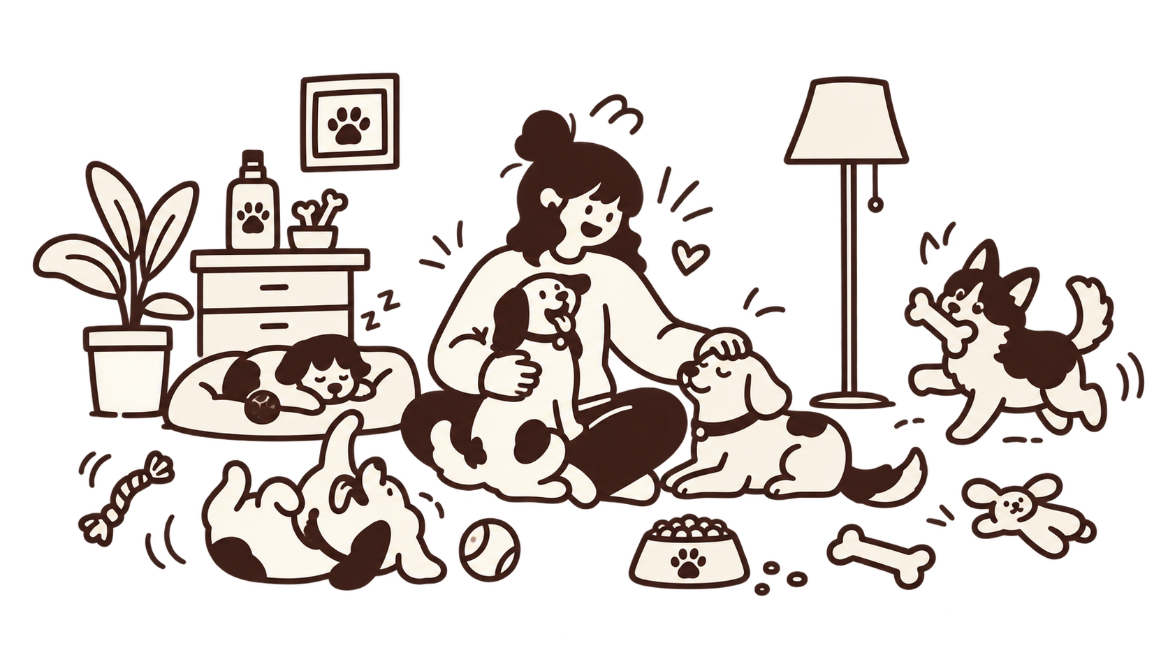 An illustration of a woman sitting on the floor petting puppies in a cosy room, with more puppies playing, sleeping and running around her.