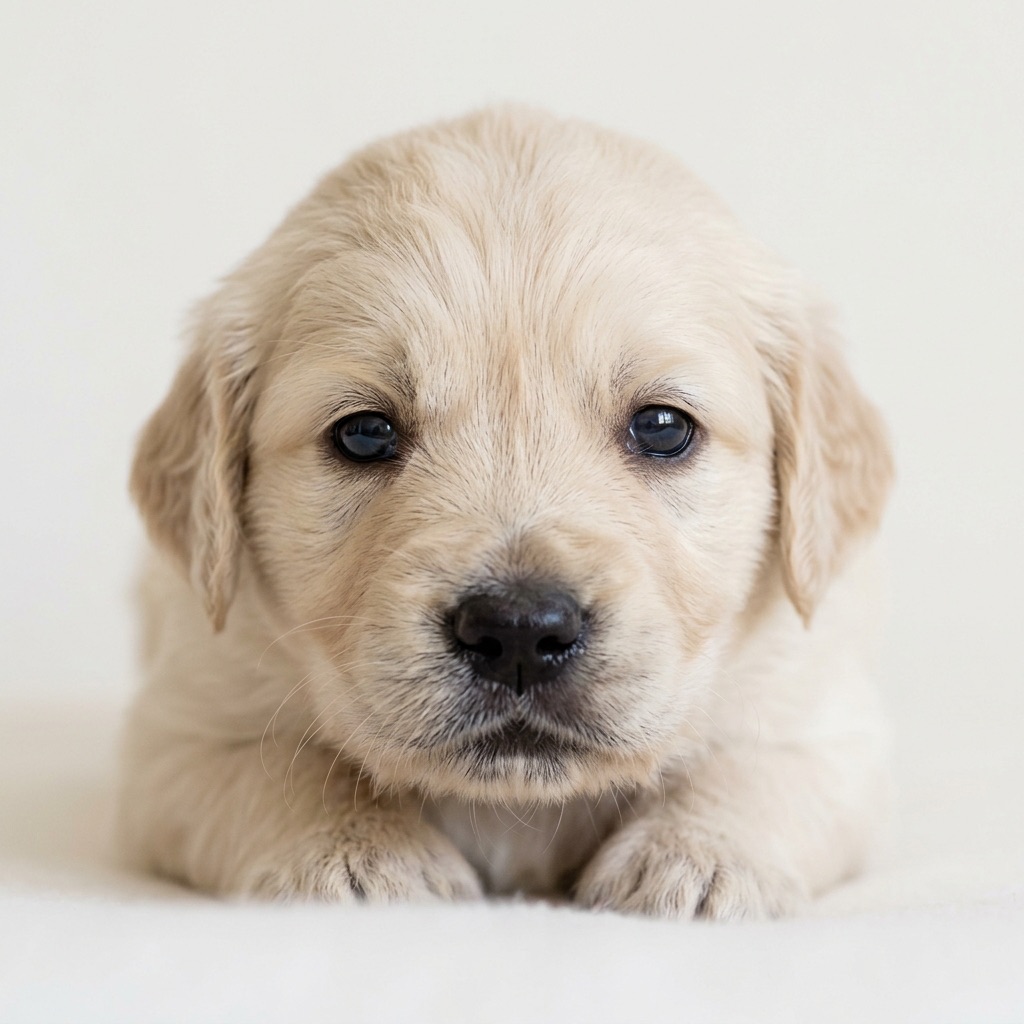 A Golden Retriever puppy lying down in a breeder's home.